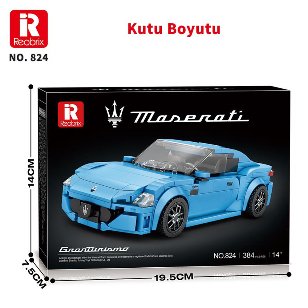 Reobrix logolu ve 824 numaralı mavi Maserati oyuncak araba kutusu.