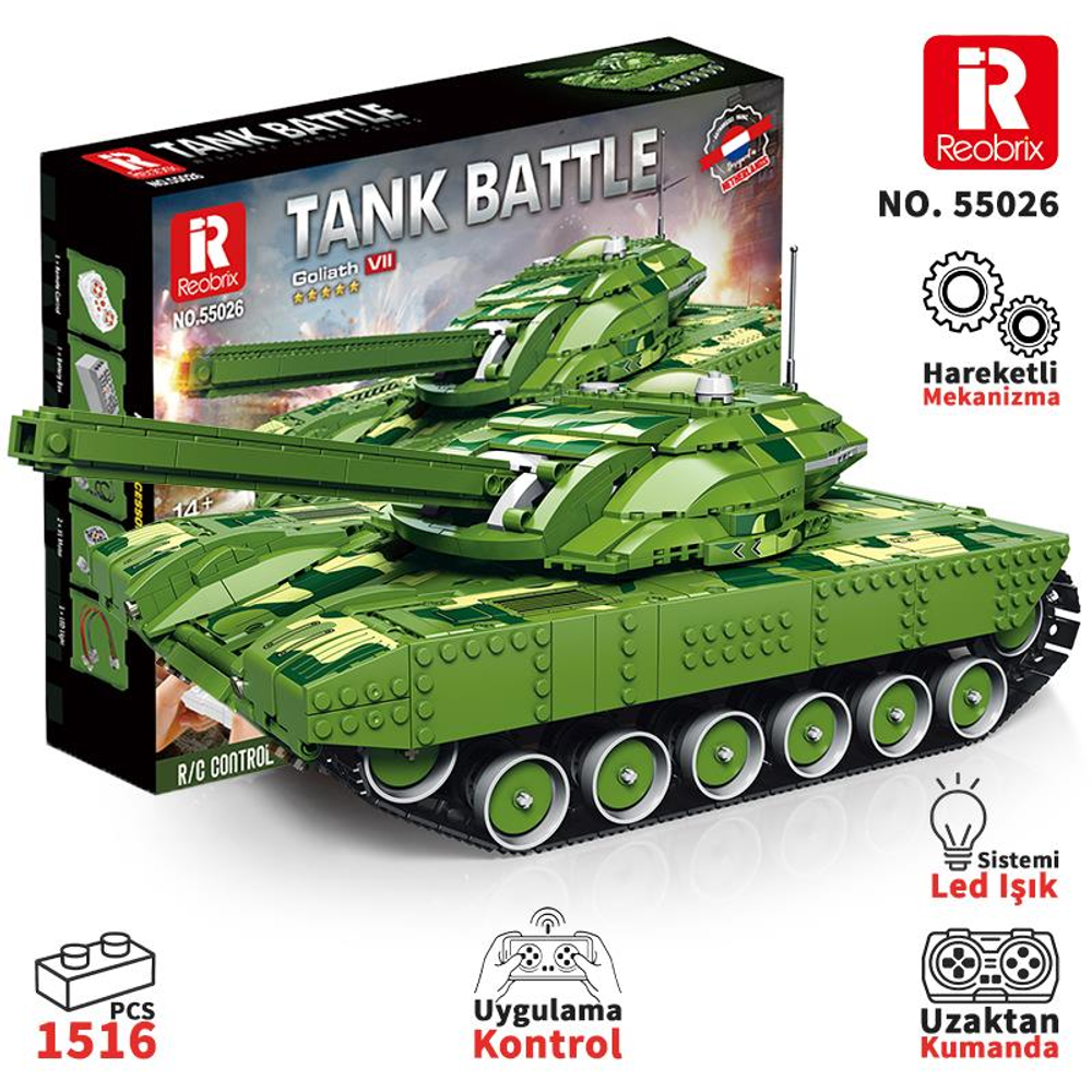 Kamuflaj desenli yeşil oyuncak tank, baskılı kutu üzerinde.