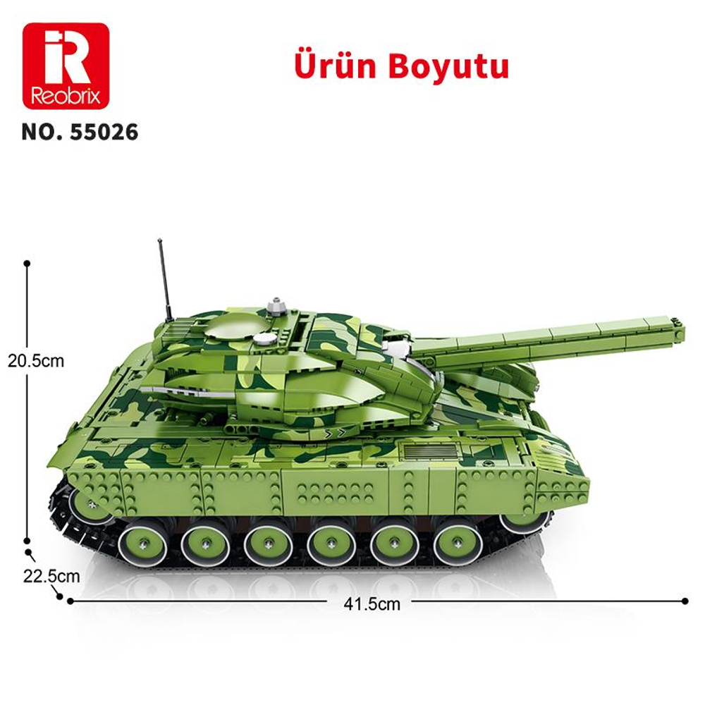 Kamuflaj desenli yeşil oyuncak tank, 41,5 cm uzunluk, 22,5 cm genişlik, 20,5 cm yükseklik.