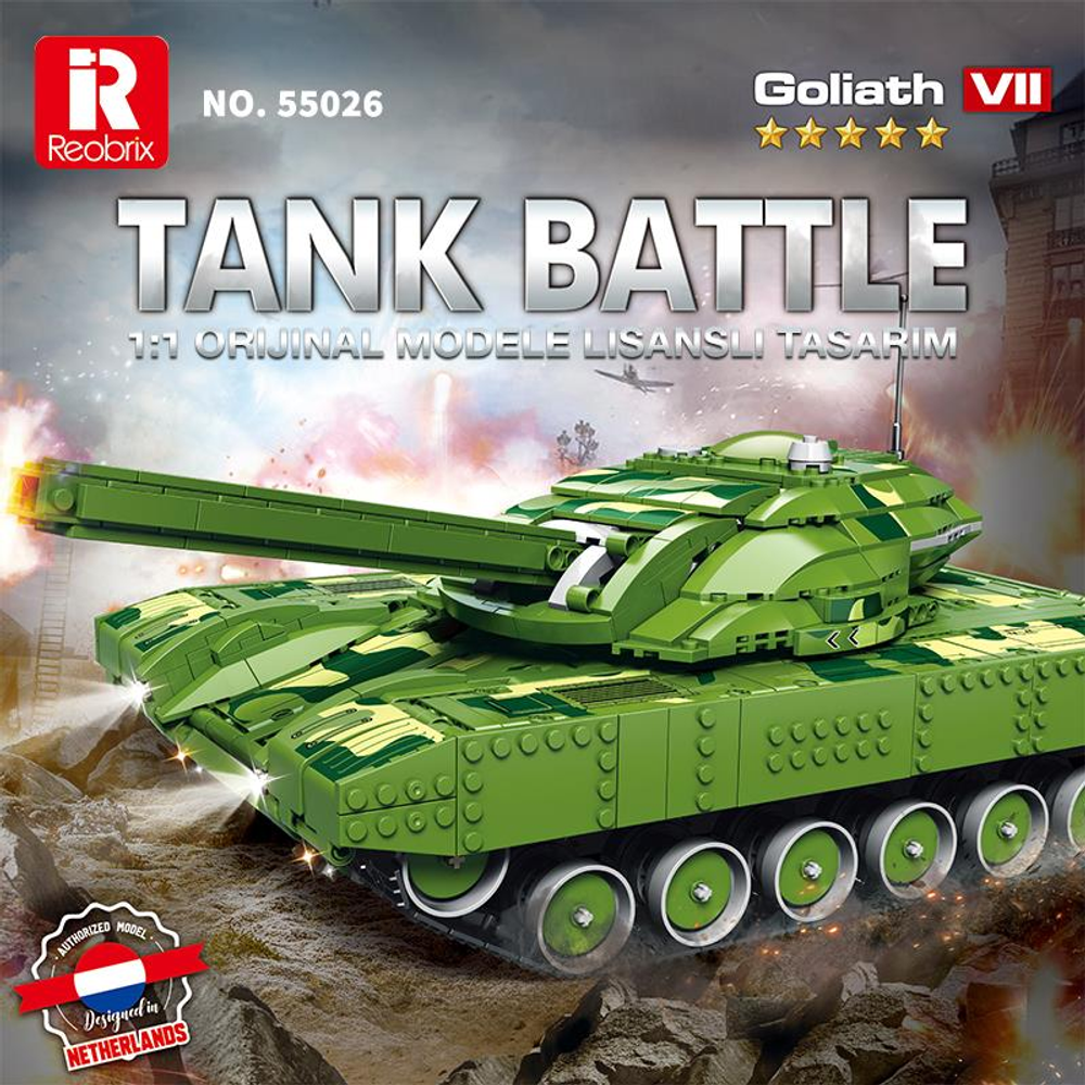 Kamuflajlı yeşil oyuncak tank. Arka planda patlamalar. "Tank Battle" yazısı.