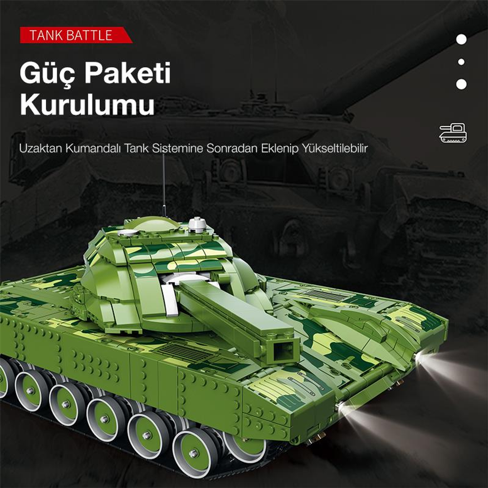 Kamuflaj desenli, aydınlatmalı farlara sahip yeşil oyuncak tank.