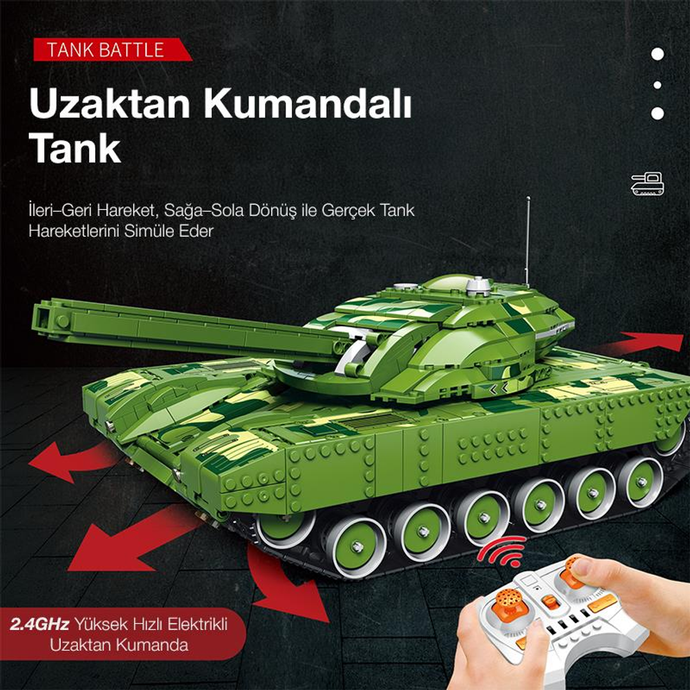 Kamuflaj desenli yeşil uzaktan kumandalı oyuncak tank, kumandasıyla birlikte.