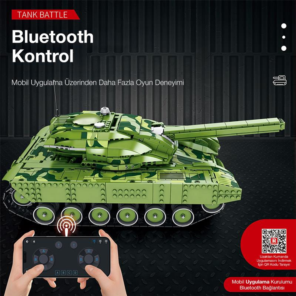 Kamuflaj desenli yeşil oyuncak tank, mobil uygulama ile kontrol.