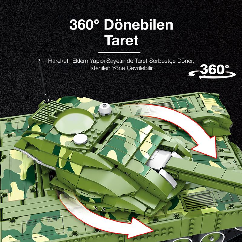 Kamuflaj desenli yeşil oyuncak tank, dönebilen taret, oklar 360 derece dönüşü gösterir.