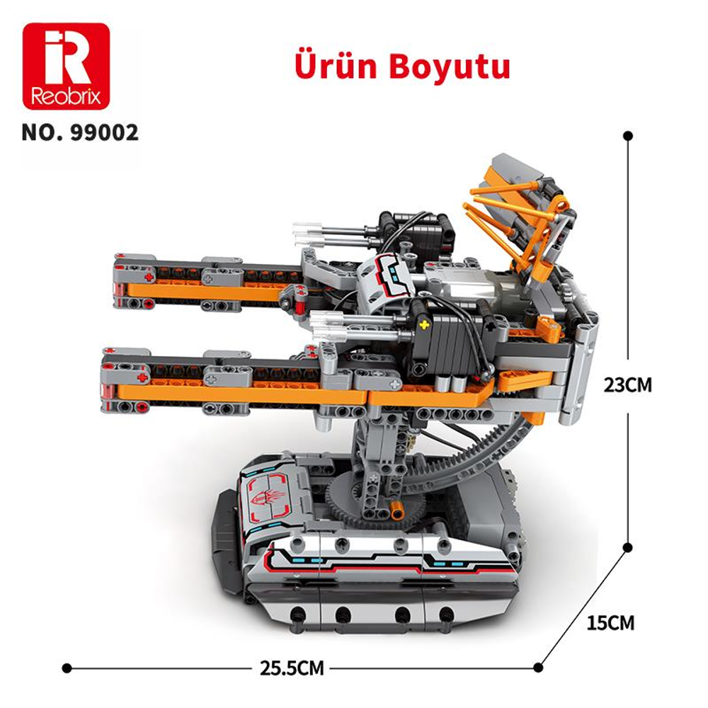 Gri ve turuncu renkli mekanik cihaz modeli, 25,5 x 15 x 23 cm ölçülerinde.