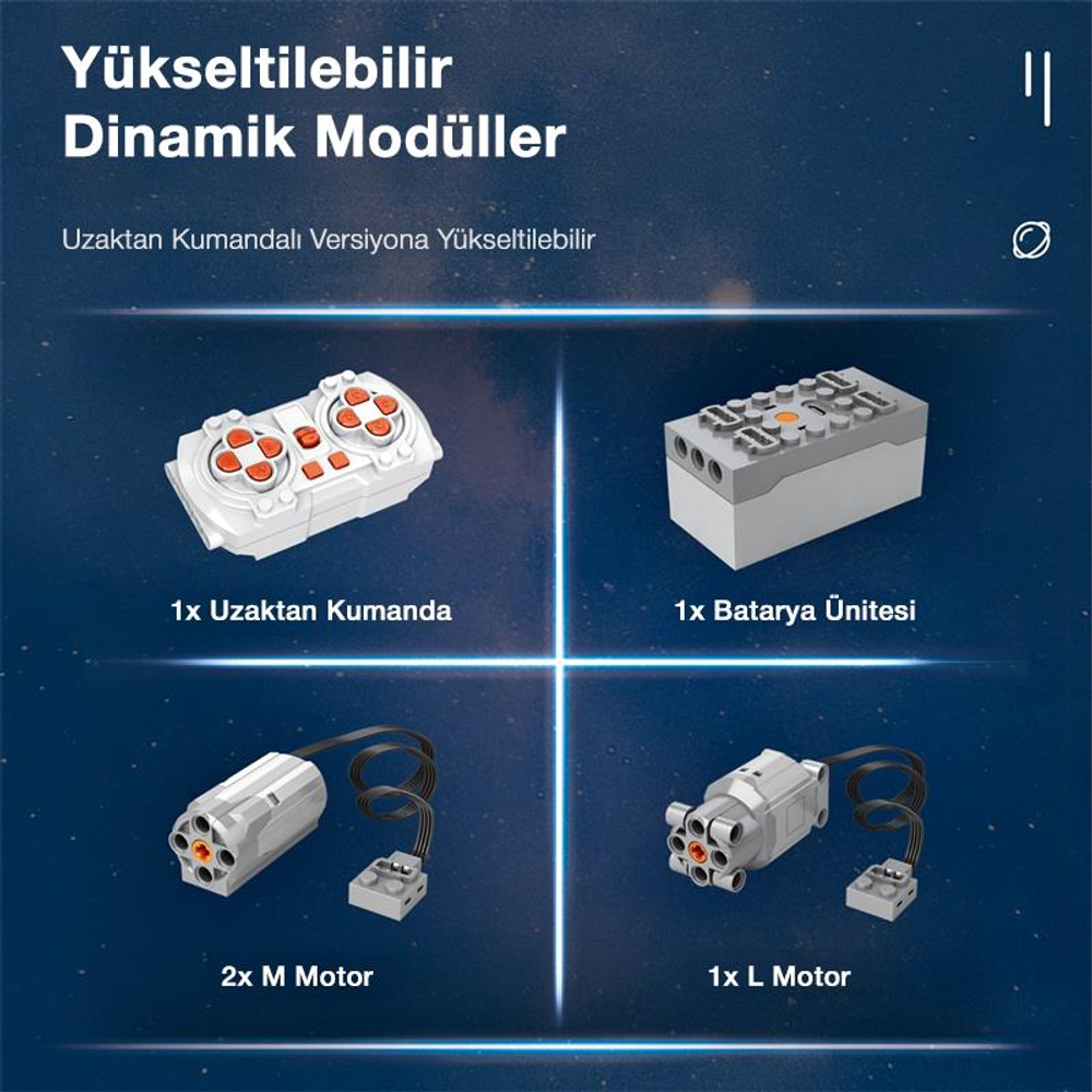 Beyaz kumanda, batarya ünitesi, 2 M motor ve 1 L motor.