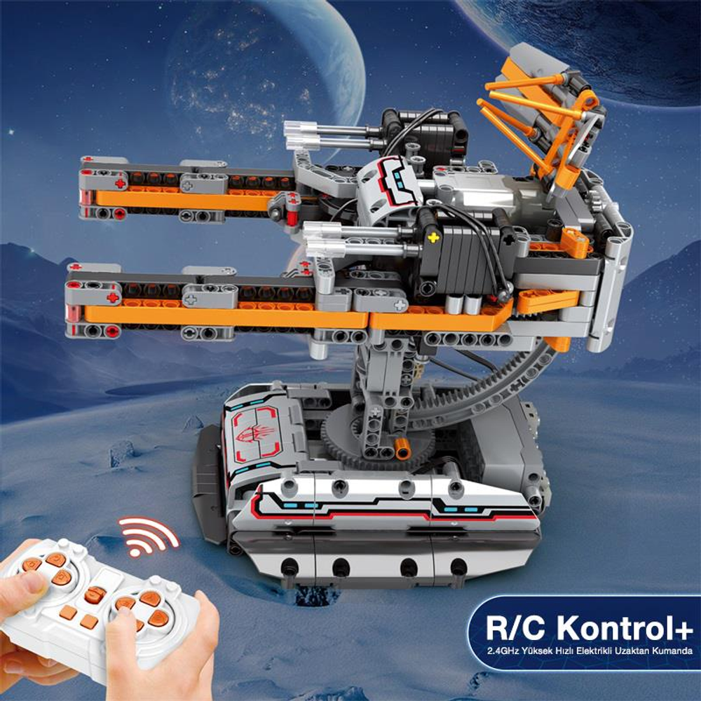İki topu olan uzaktan kumandalı robot yapım seti, uzay arka planı.