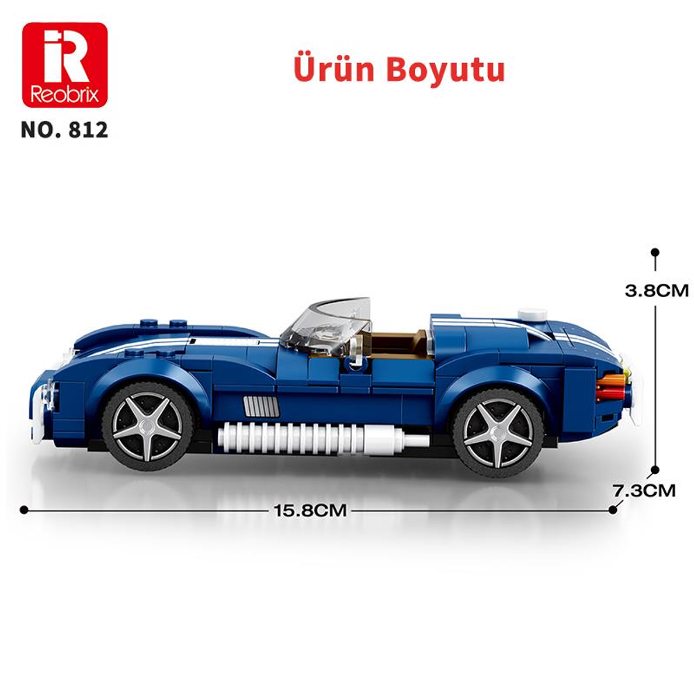 Beyaz çizgili mavi oyuncak spor araba, boyutları 15,8x7,3x3,8cm.