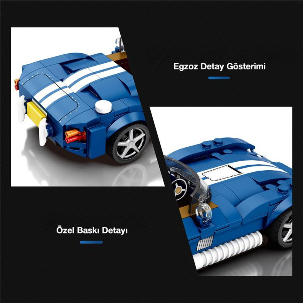 Beyaz çizgili mavi Lego spor araba, motor ve iç detayların yakın çekimi.