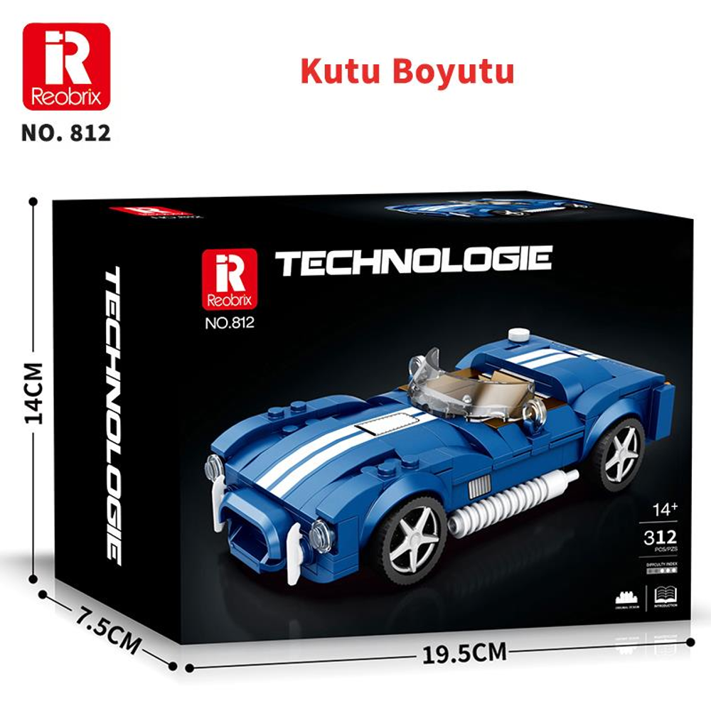 Mavi Lego araba model kutusu, boyutları 19.5x14x7.5cm. Mavi spor araba içerir.