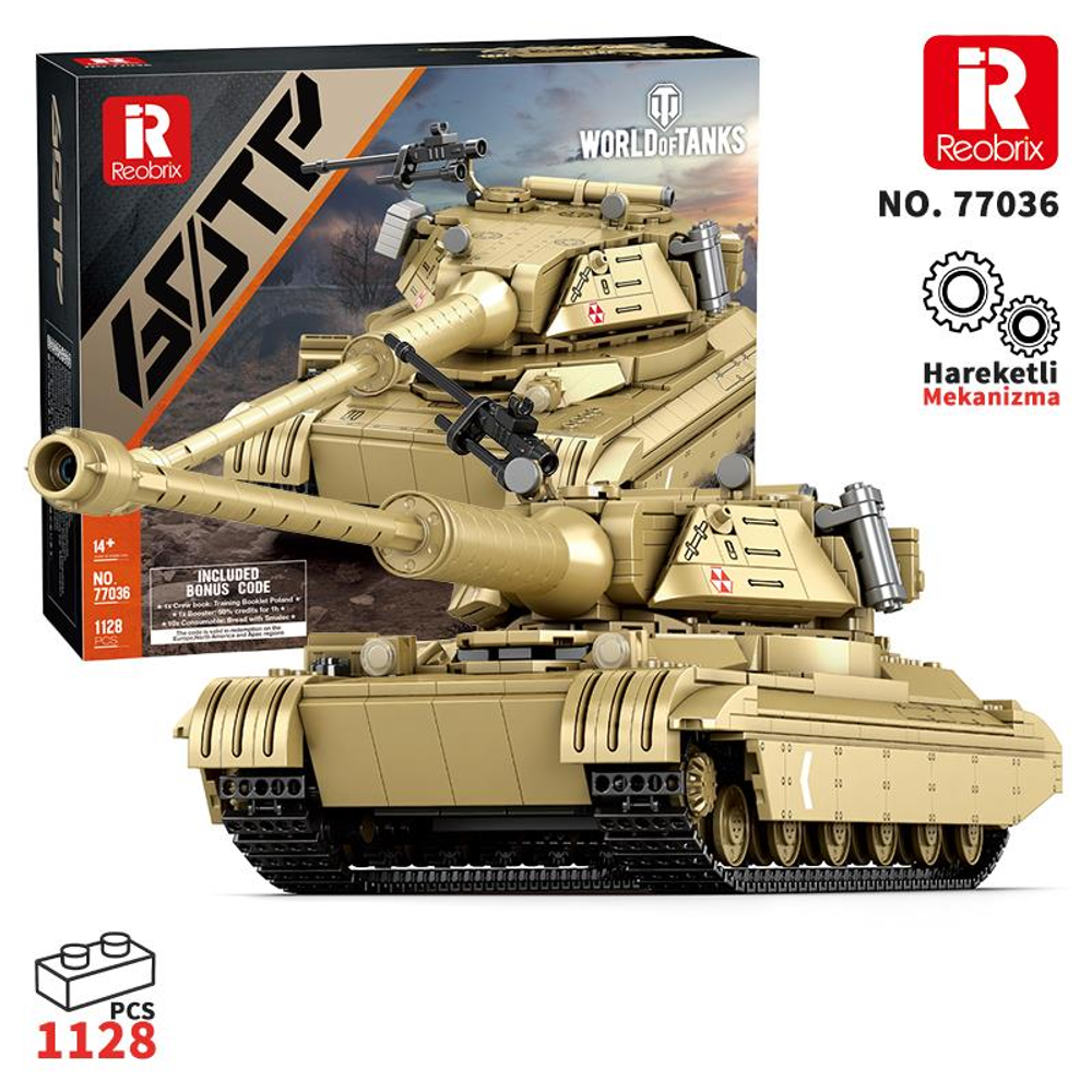 Detaylı namlu ve paletlere sahip bej renkli tank maketi.