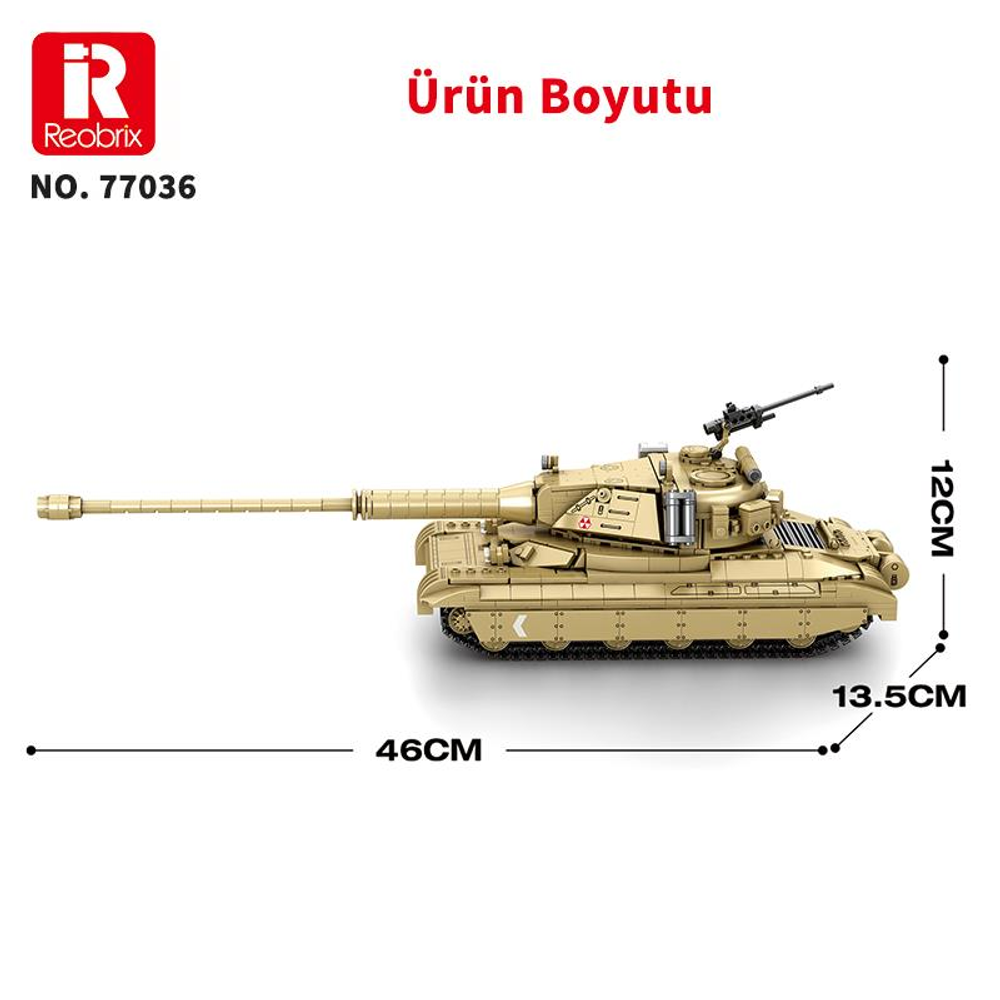 Boyutları gösteren etiketlere sahip, deve tüyü renginde oyuncak tank.