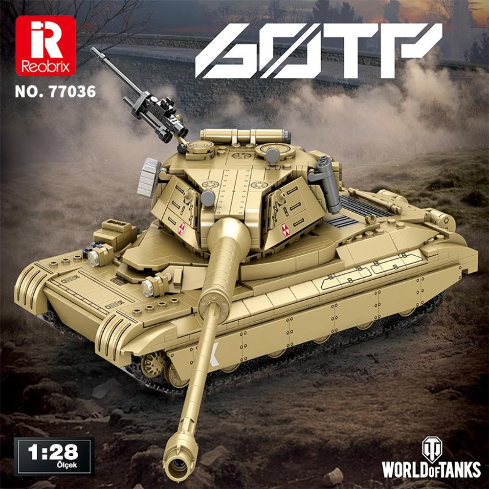 Detaylı palet ve namluya sahip altın rengi oyuncak tank modeli. Ölçek 1:28.