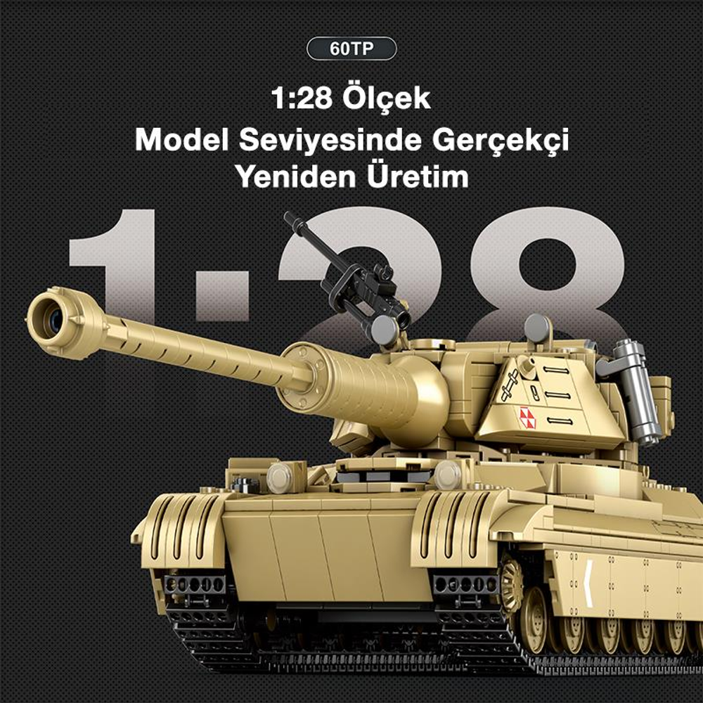 Detaylı, bej rengi 1:28 ölçekli model tank, makineli tüfekli.