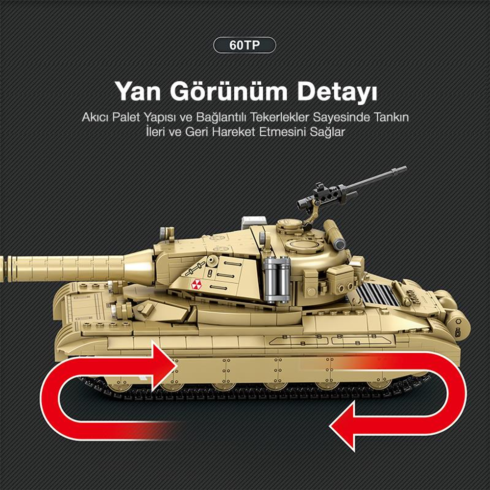 Öne doğru hareketi gösteren kırmızı oklarla bej tank modeli. 60TP.
