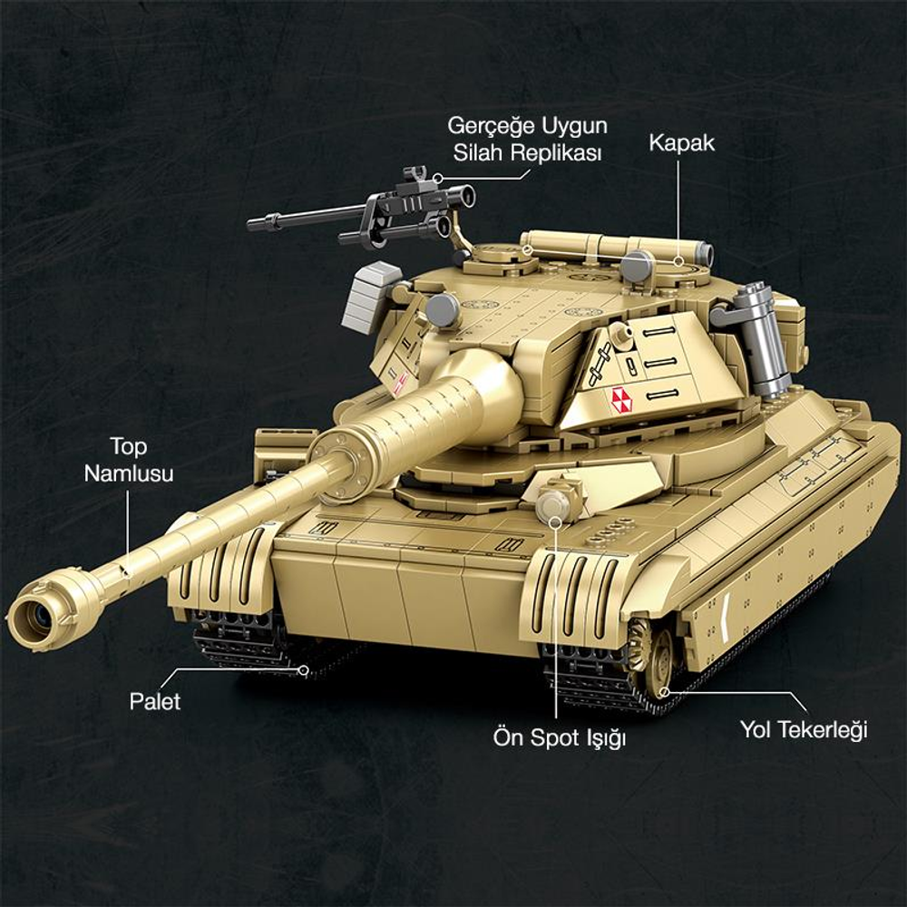 Namlu, silah ve tekerlekleri işaret eden Türkçe etiketli altın rengi oyuncak tank.