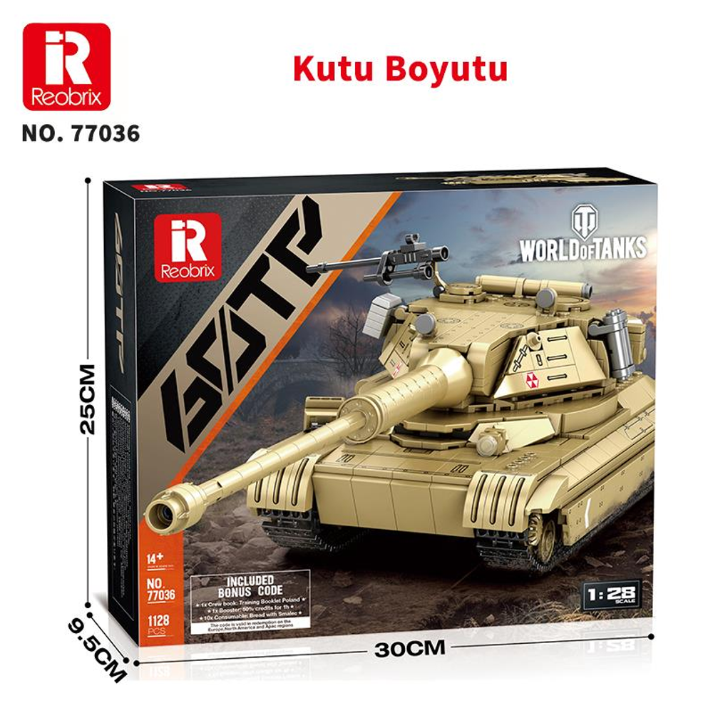 Reobrix World of Tanks 40TP tank modeli kutusu, bej rengi bir tank içerir.