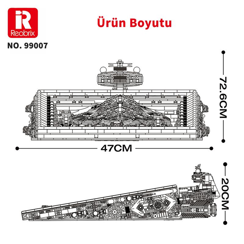 47 cm, 72,6 cm ve 20 cm boyutlarında bir uzay gemisi teknik çizimi.