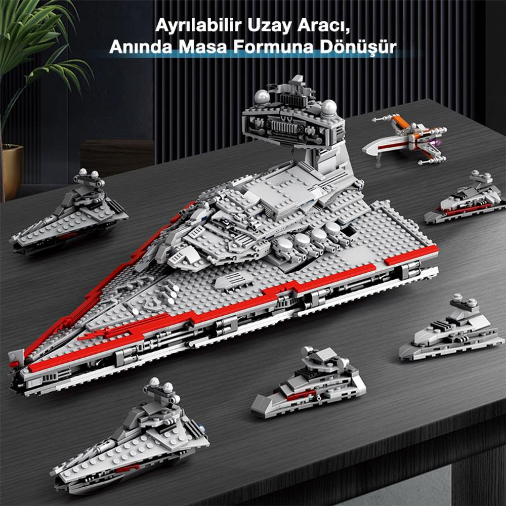 Siyah yüzeyde çeşitli boyutlarda gri ve kırmızı Lego uzay gemileri.