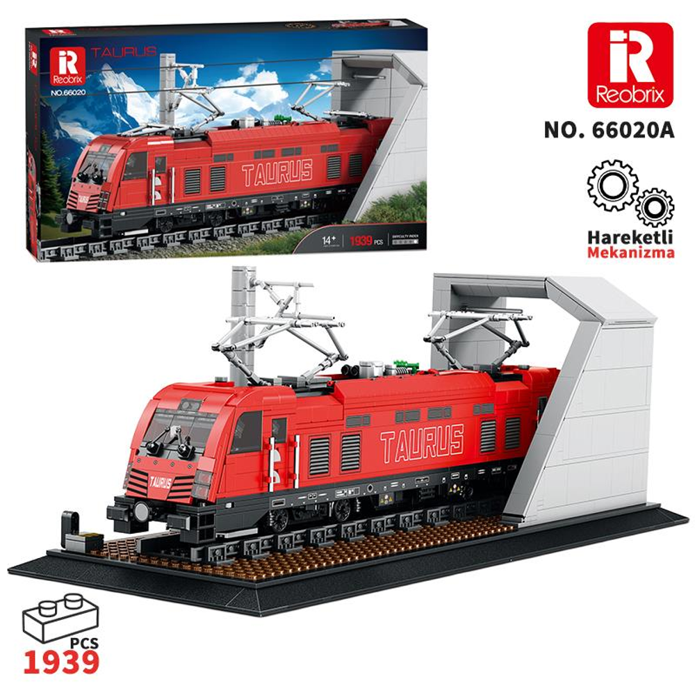 Detaylı raylara ve çatı yapısına sahip kırmızı bir Taurus tren yapım oyuncağı.