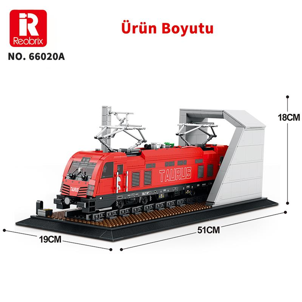 Ray üzerinde kırmızı Taurus model treni, boyutları 51x19x18cm.