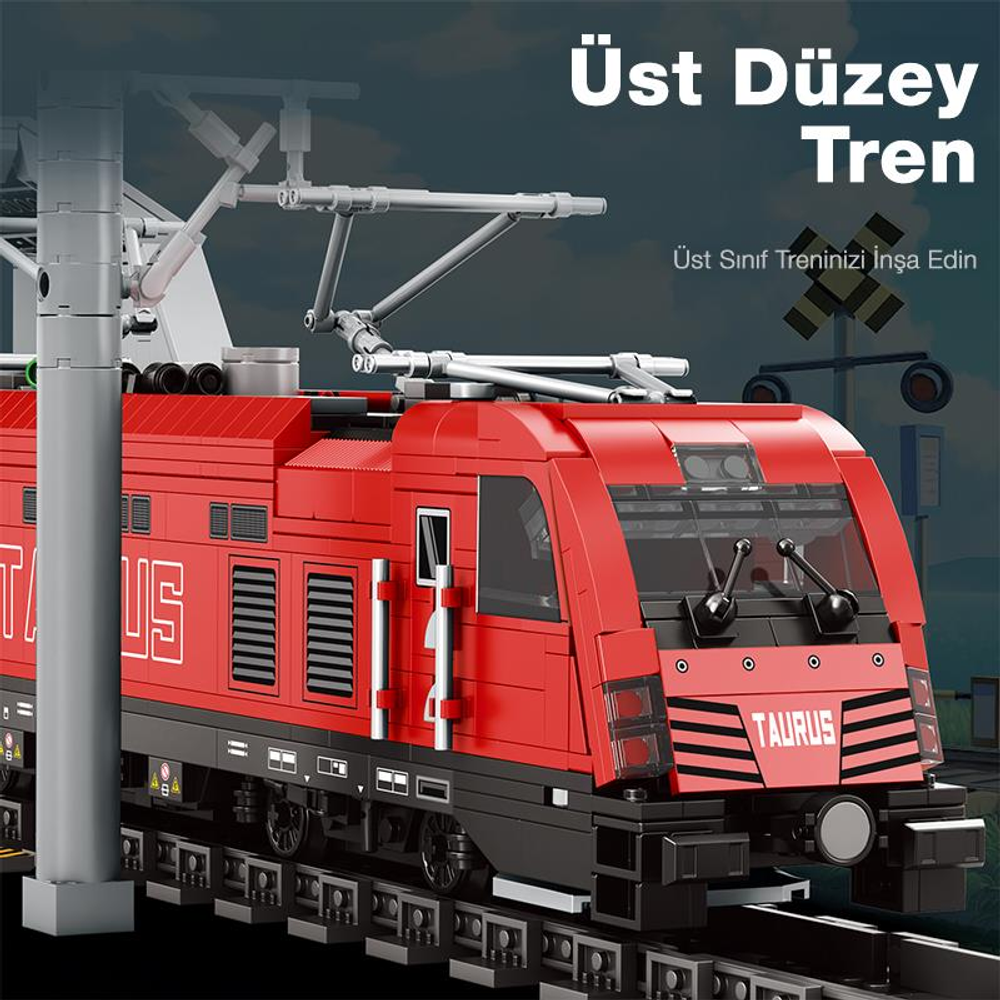Pantograflı kırmızı Lego tren modeli raylarda, Türkçe yazılı.