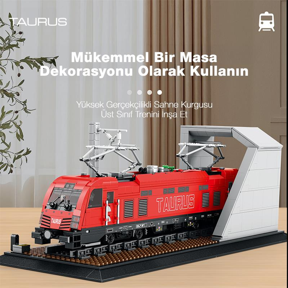 Tünel kemerli bir sergileme tabanında kırmızı bir Taurus tren model seti.
