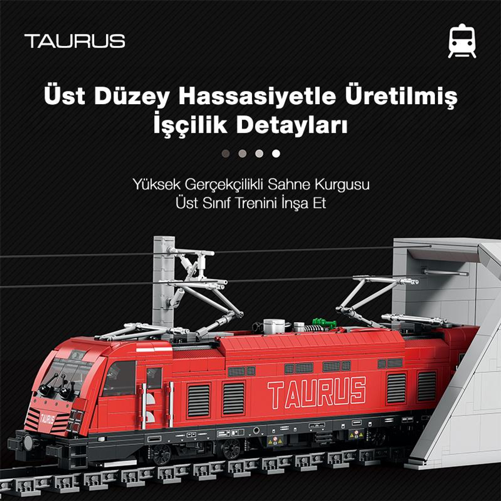 Raylar üzerinde kırmızı, yapı taşı model Taurus lokomotif.