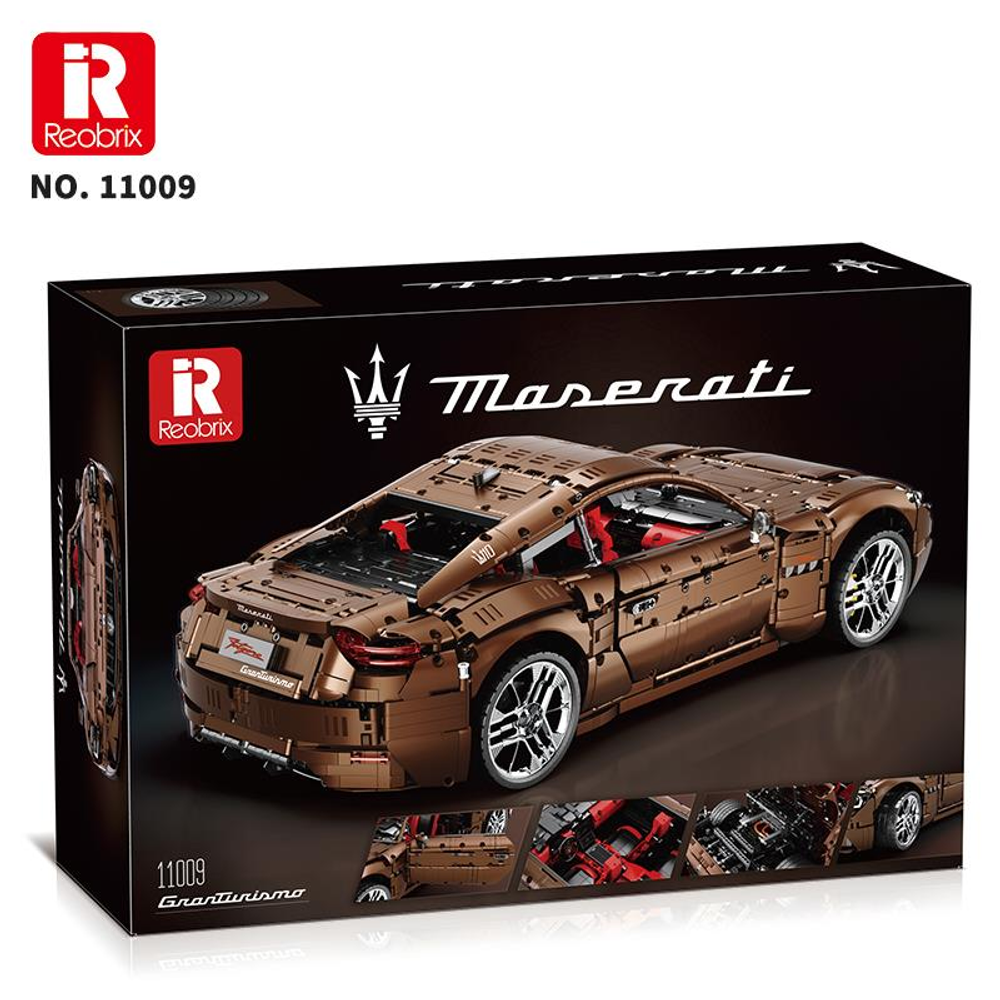 Reobrix Maserati GranTurismo kit ambalajı, kırmızı iç mekana sahip kahverengi model araba.