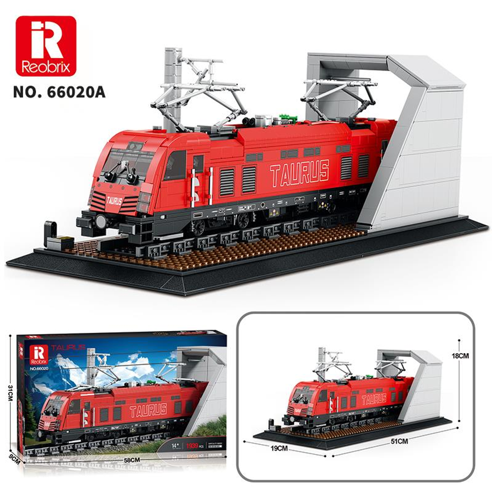 Kırmızı Reobrix Taurus model tren seti, teşhir tabanı ve ambalajı ile.