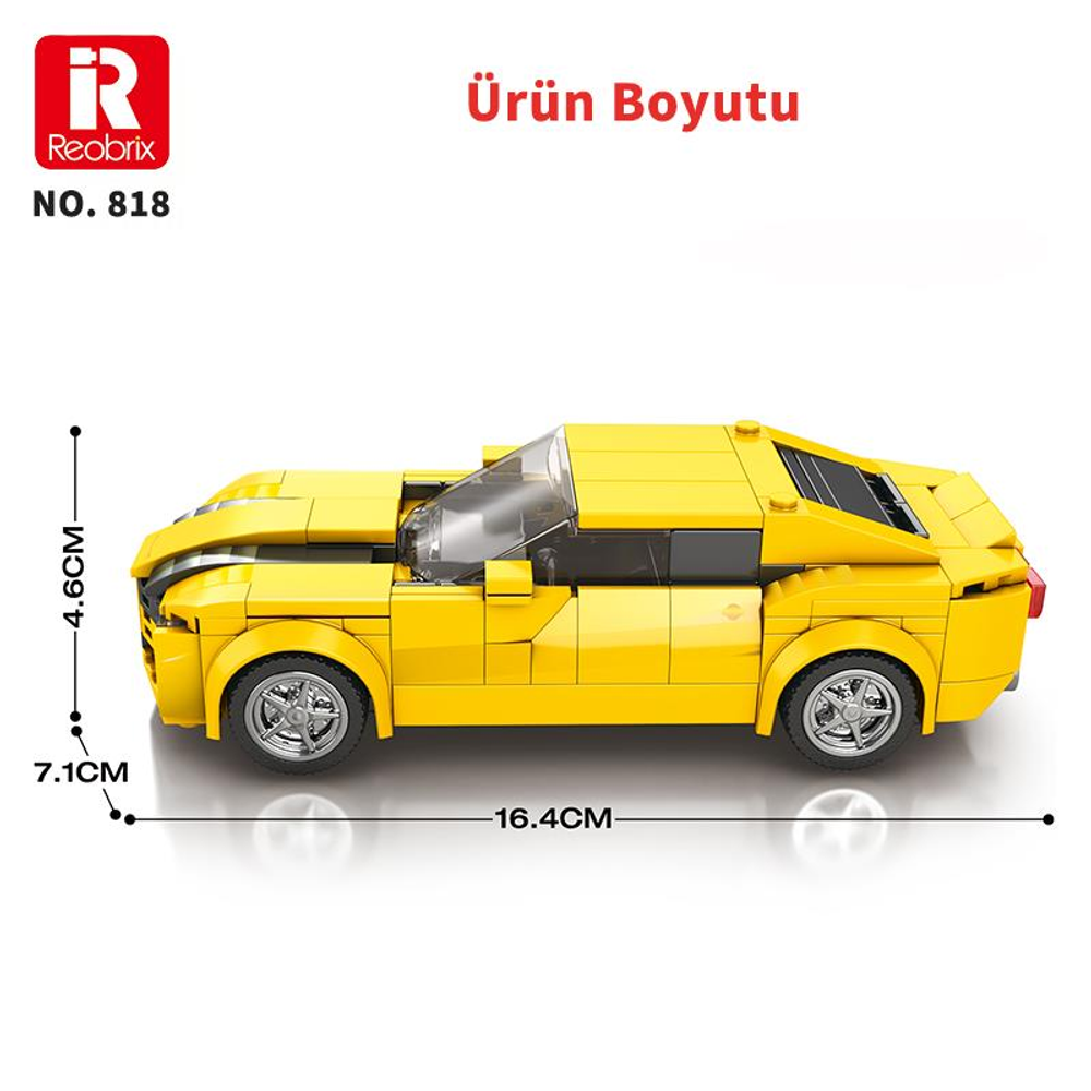 Boyutları gösterilen sarı oyuncak spor araba.