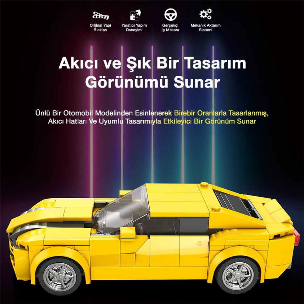 Dikey ışık çizgileriyle süslü karanlık arka plan üzerinde sarı tuğla oyuncak araba.