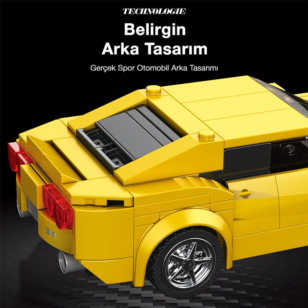 Detaylı arka, stop lambaları ve jantlara sahip sarı Lego spor araba.