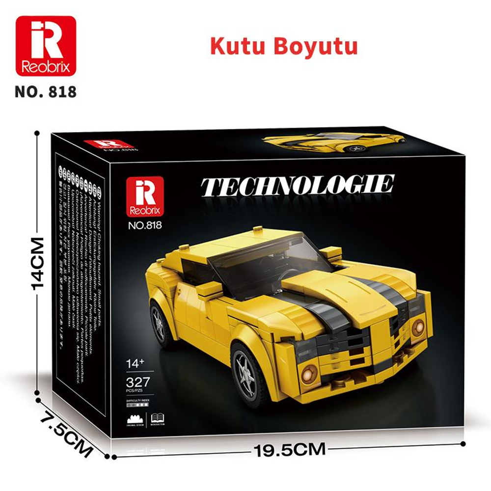 Sarı oyuncak araba kutusu, 'Technologie' etiketli.