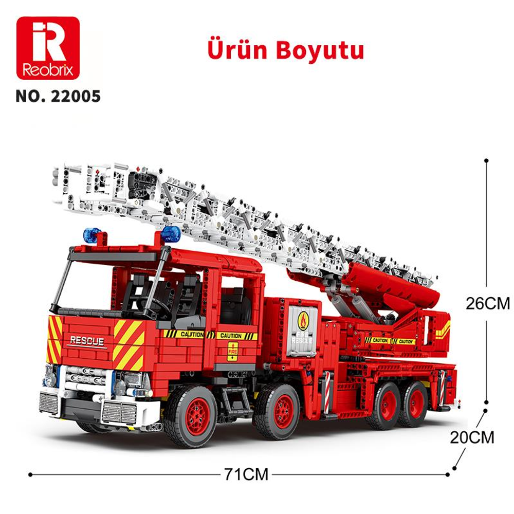 Uzatılabilir merdivenli ve uyarı etiketli kırmızı itfaiye aracı yapım kiti modeli.