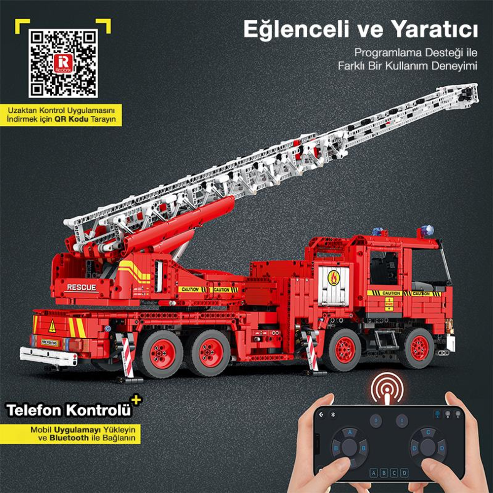Uzatılmış merdivenli kırmızı oyuncak itfaiye aracı, Bluetooth ile mobil uygulama ile kontrol edilir.