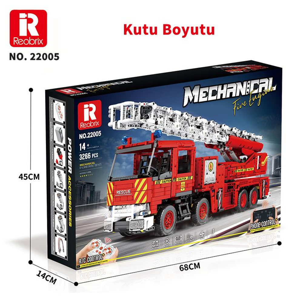 Merdivenli ve uzaktan kumandalı kırmızı itfaiye aracı kutusu. 3266 parça olduğunu belirtir.