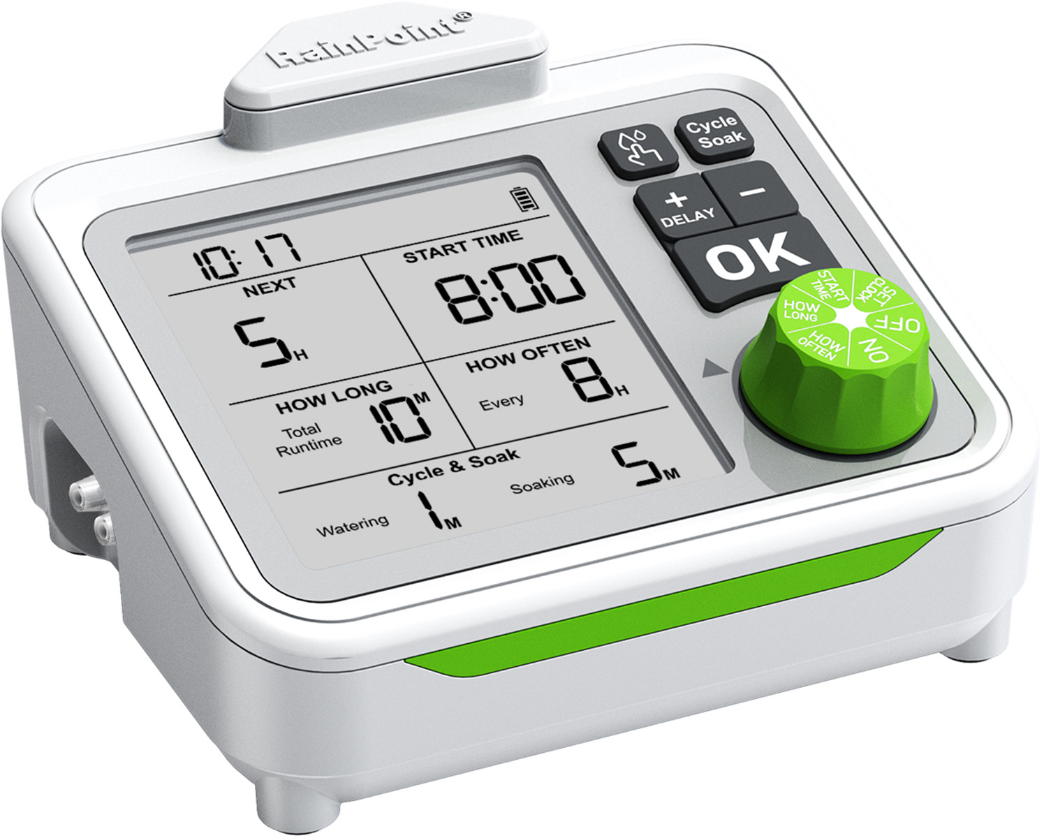Cyfrowy timer wodny z ekranem LCD pokazującym czas, początek, czas trwania i częstotliwość. Zielone pokrętło.