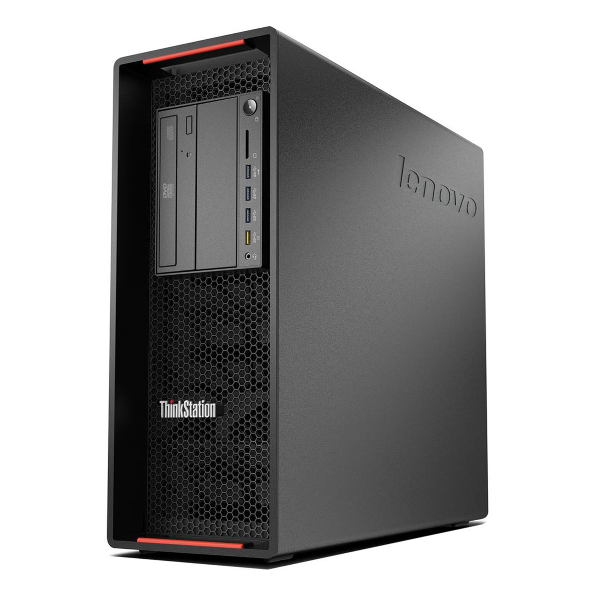 Czarny komputer Lenovo ThinkStation z napędem DVD i portami USB.