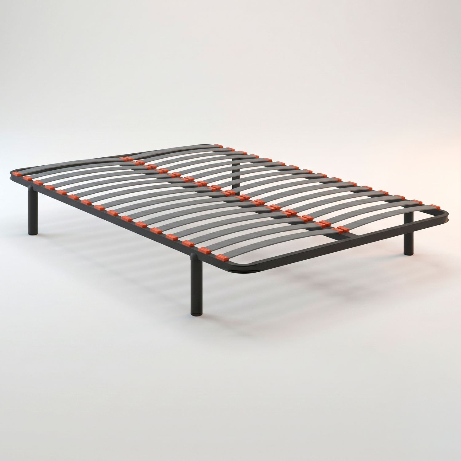 Una base de cama de metal con patas negras y listones grises con soportes naranjas.