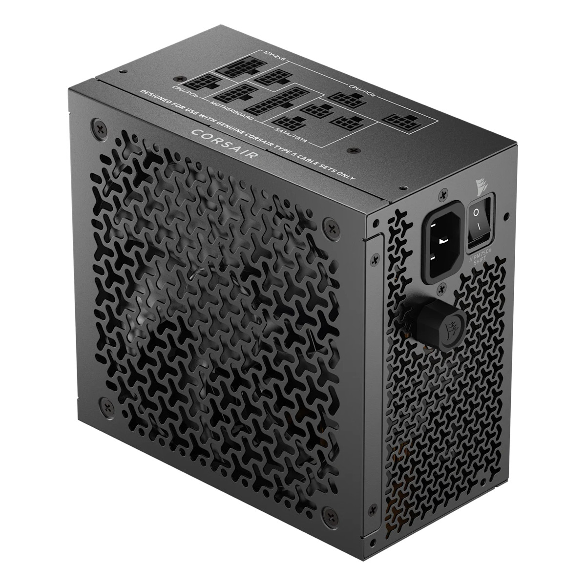 Fuente de alimentación Corsair negra con rejilla de ventilador y puertos superiores.