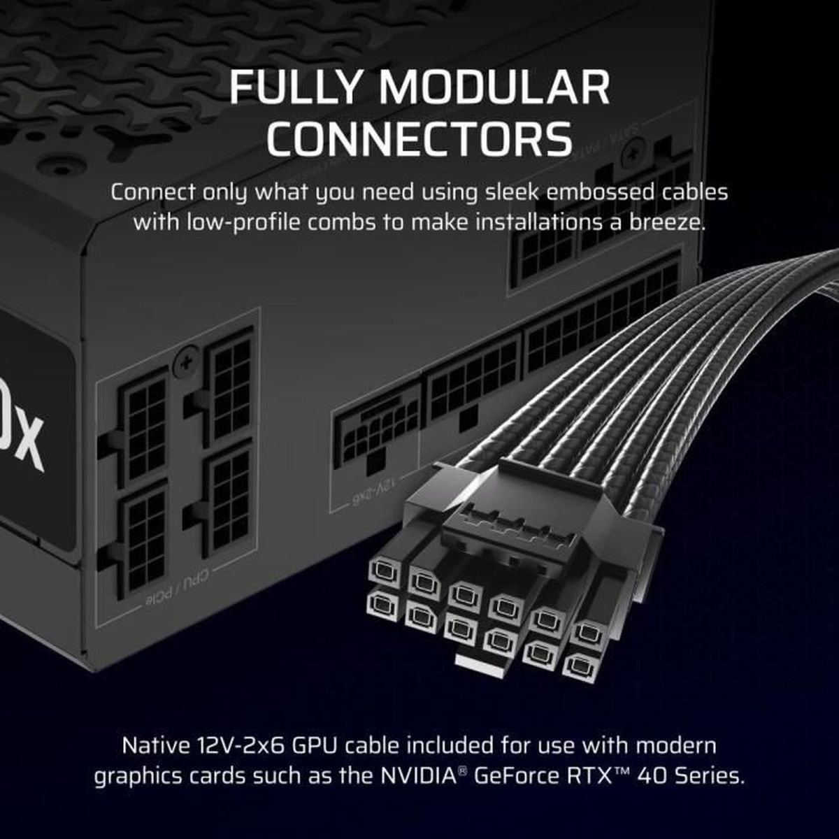 Fuente de alimentación con conectores modulares y cable GPU 12V-2x6 para tarjetas gráficas modernas.