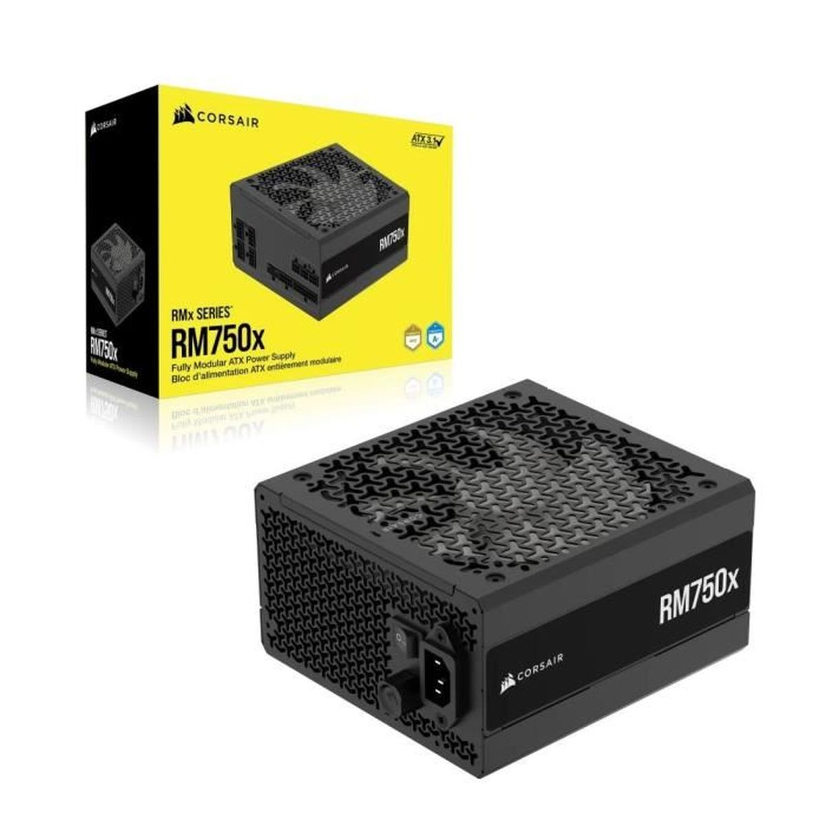 Fuente de alimentación Corsair RM750x negra con caja, fondo blanco.