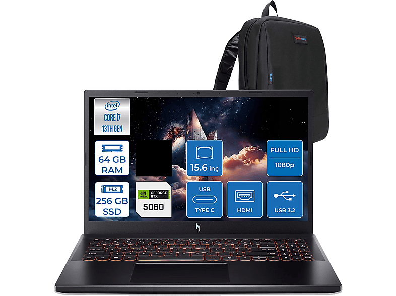ACER Nitro V 15 ANV15-52 RTX5060 8 GB 75W NHQZ8EY002F31 Intel Core i7-13620H 64 GB RAM 256 GB SSD 15,6 inç FreeDOS Laptop+Çanta Siyah