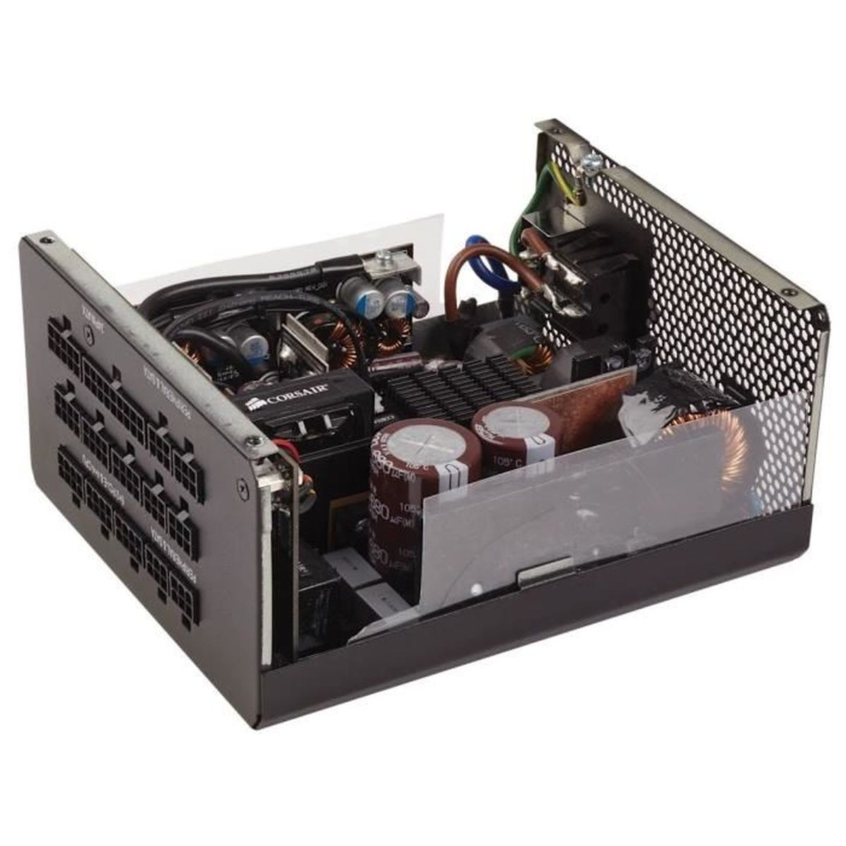 Alimentatore per computer aperto con componenti interni visibili, inclusi condensatori e cablaggi.