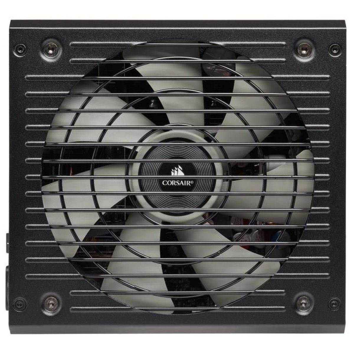 Una ventola PC nera con pale bianche e logo Corsair al centro.