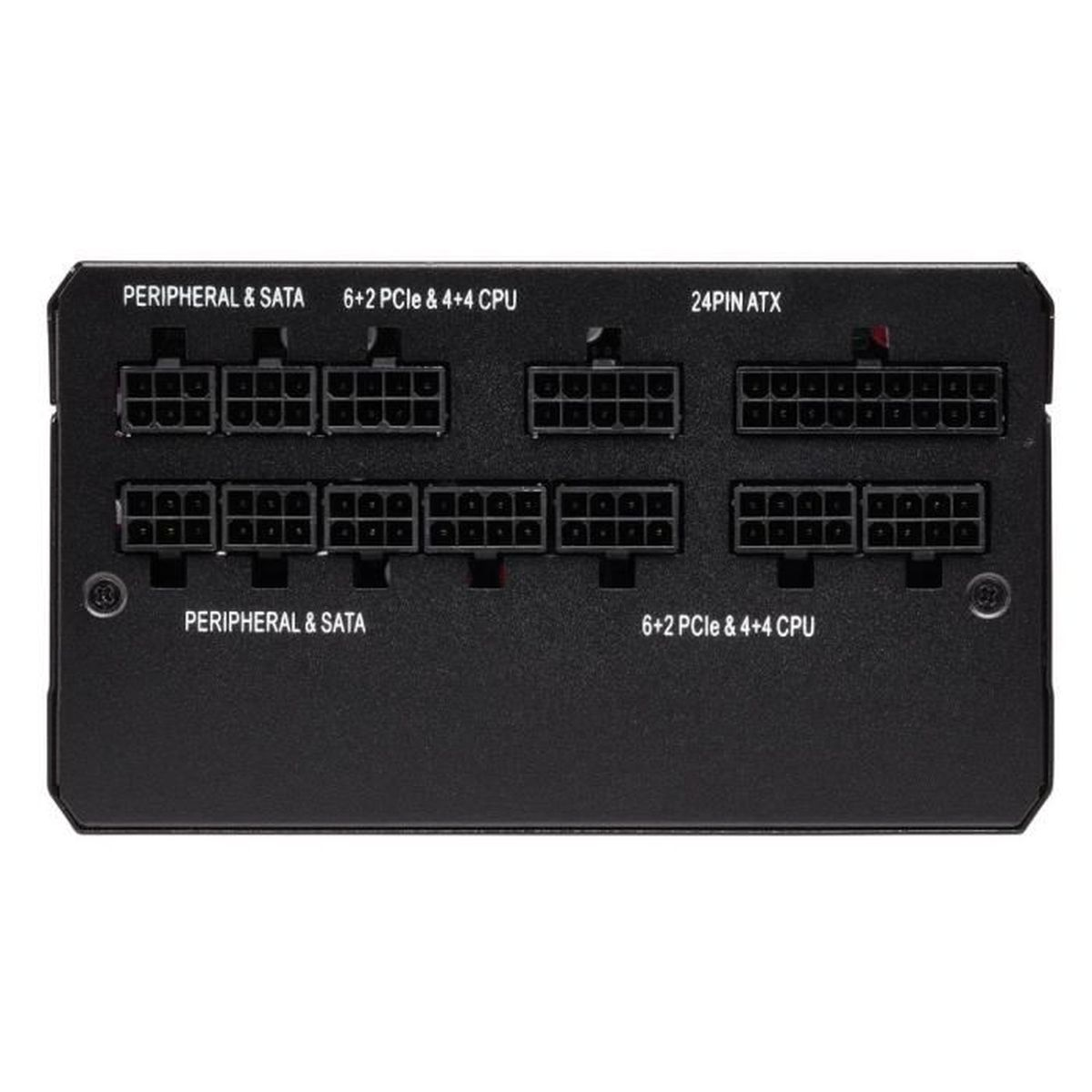 Alimentatore nero con porte per periferiche, SATA, PCIe e CPU.