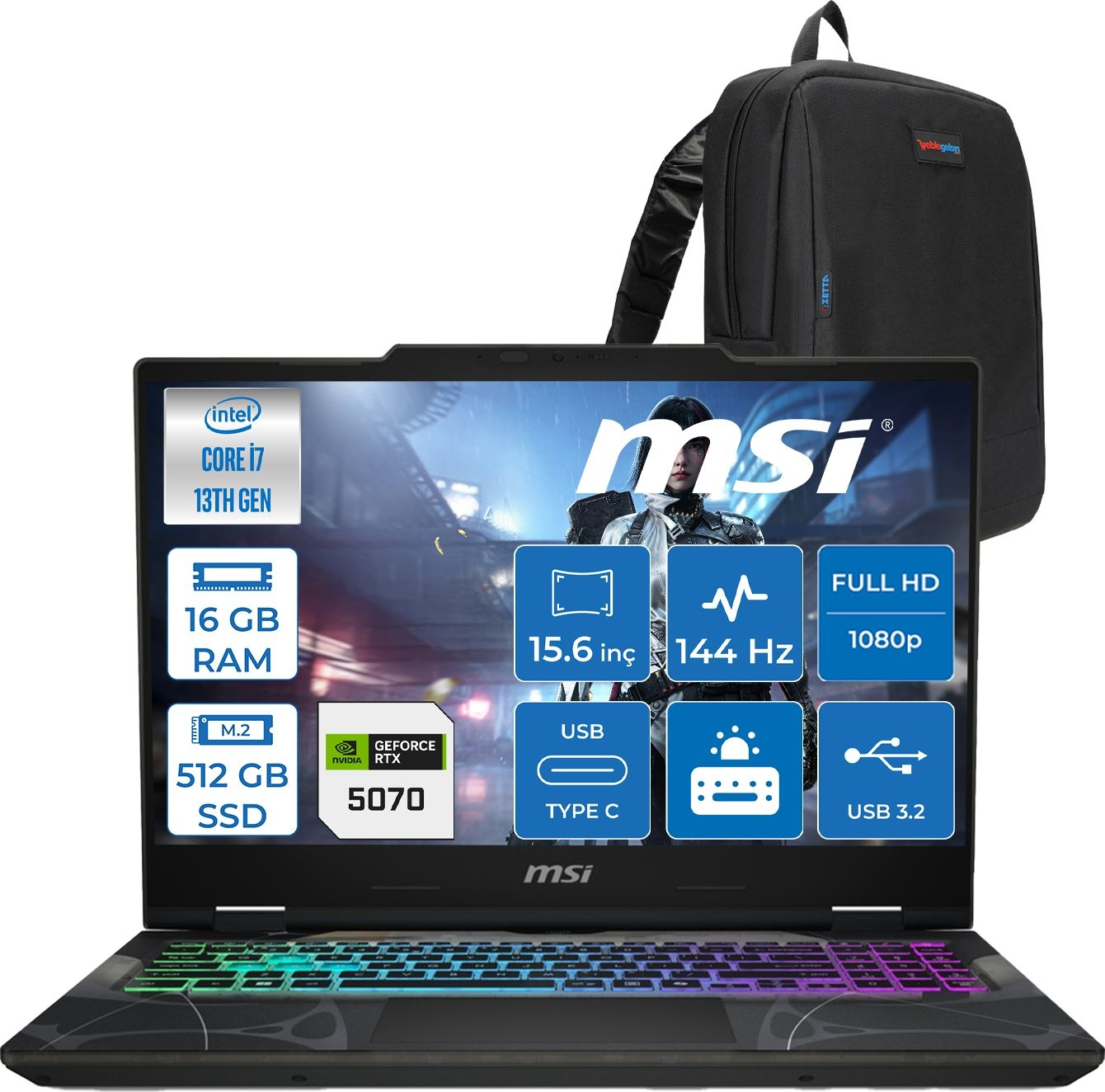 MSI Cyborg 15 RTX5070 8 GB 144 Hz IPS B13WGKG847XTRF02 Intel Core i7-13620H 16 GB RAM 512 GB SSD 15,6 inç FreeDOS Laptop+Çanta Siyah