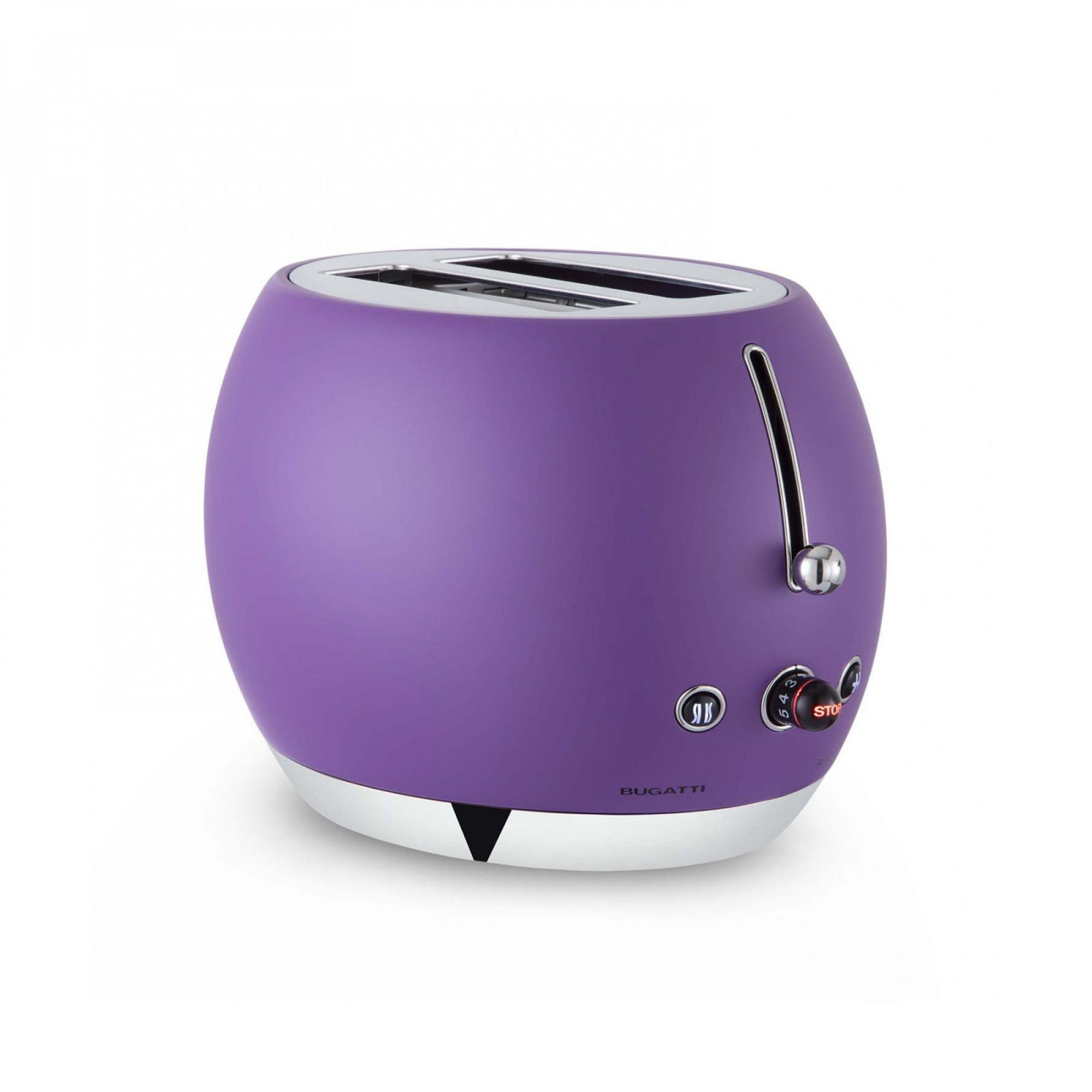 Un tostapane Bugatti viola con accenti cromati e pulsante stop.
