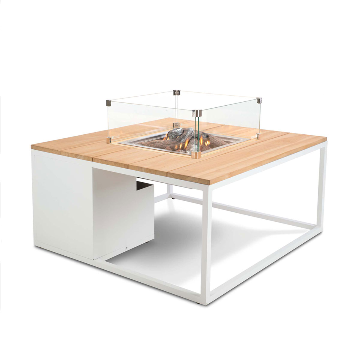 Modern table with wood top, white base, and glass fire pit.